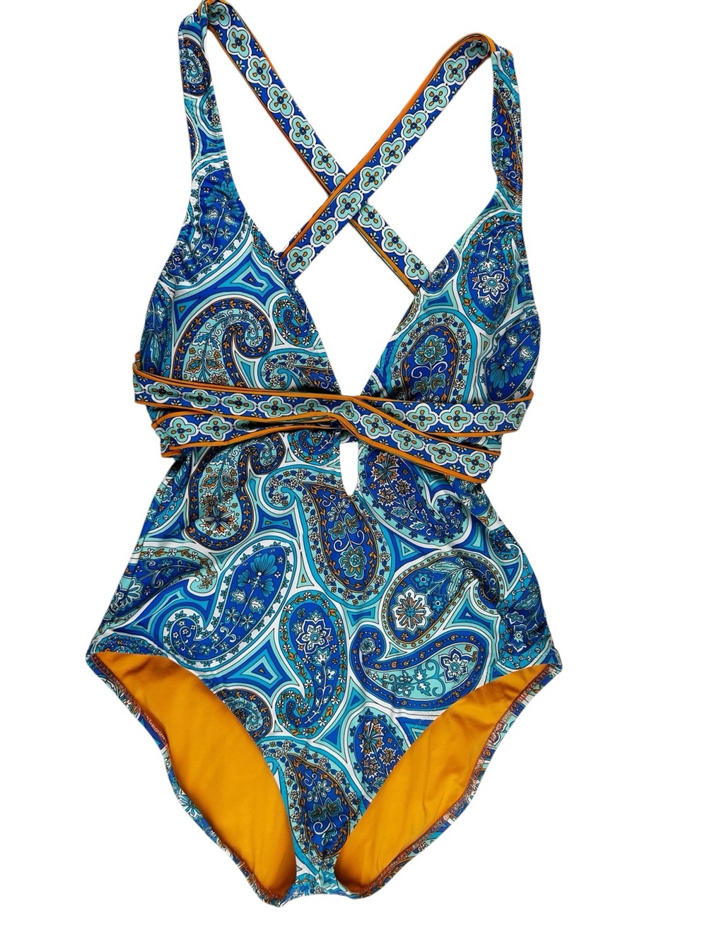 Trina Turk Blue Paisley One-Piece Swimsuit with Mustard Trim Size 12